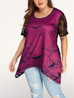 Wholesale Round Neck Lace Short Sleeve Irregular Hem Plus Size Tops