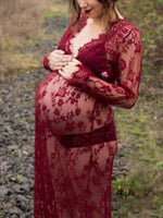 Wholesale Burgundy V-Neck Long Sleeve Lace Hollow Dress