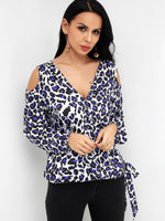 Wholesale V-Neck Cold Shoulder Leopard Crossed Front Self-Tie Long Sleeve Top