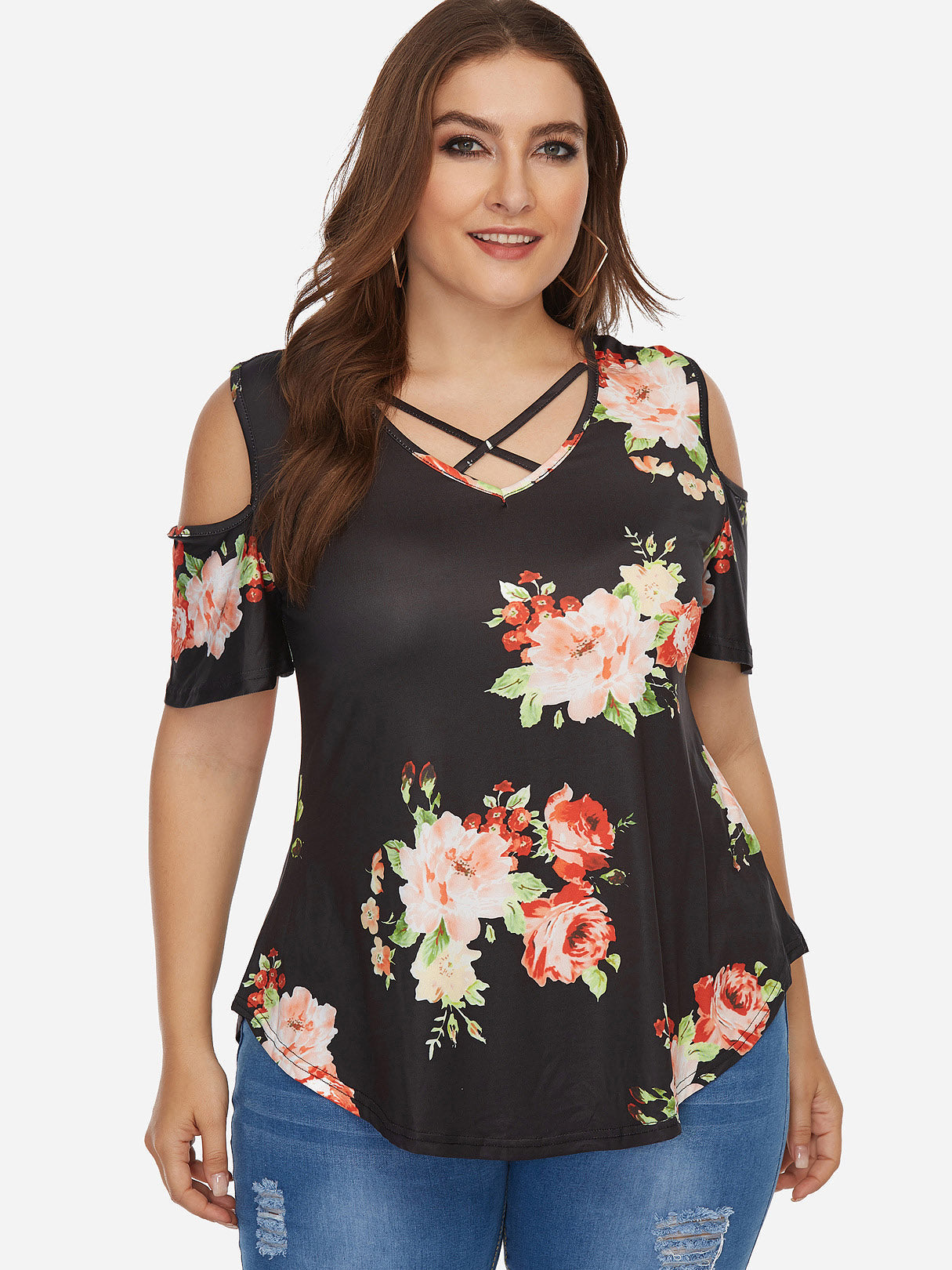 Wholesale V-Neck Cold Shoulder Floral Print Cut Out Short Sleeve Curved Hem Black Plus Size Tops
