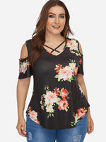 Wholesale V-Neck Cold Shoulder Floral Print Cut Out Short Sleeve Curved Hem Black Plus Size Tops