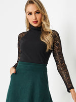 Wholesale Plain Lace High Collar Long Sleeve Black Top