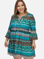 Wholesale Round Neck Floral Print Calico Hollow Lace-Up Pleated Criss-Cross Long Sleeve Flounced Hem Plus Size Mini Dress