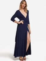 Wholesale Navy Deep V Neck 3/4 Length Sleeve Wrap Slit Hem Dresses