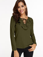 Wholesale Deep V-Neck Stripe Crossed Front Hollow Lace-Up Cable Knit Long Sleeve T-Shirts
