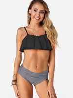 Wholesale Sleeveless Grid Spaghetti Strap Ruffle Hem High Waist 2 Piece Bikinis