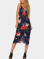 Wholesale V-Neck Sleeveless Floral Print Backless Spaghetti Strap Slit Hem Maxi Dress