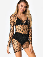 Wholesale Scoop Neck Long Sleeve Plain Backless Lace-Up Fishnet Cover Ups Swimwear