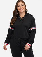 Wholesale V-Neck Hooded Lace-Up Long Sleeve Black Plus Size Tops
