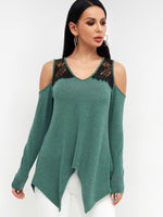 Wholesale V-Neck Cold Shoulder Plain Lace Backless Long Sleeve Irregular Hem Green T-Shirts