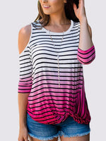 Wholesale Rose Round Neck Cold Shoulder 3/4 Sleeve Length Stripe T-Shirts