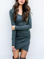 Wholesale Green Round Neck Long Sleeve Crossed Front Pleated Irregular Hem High-Waisted Casual Dress