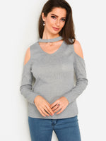 Wholesale Cold Shoulder Choker Neck Plain Long Sleeve Grey T-Shirts