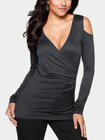 Wholesale V-Neck Cold Shoulder Plain Long Sleeve Bodycon Hem Grey T-Shirts