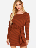 Wholesale Red Round Neck Long Sleeve Stripe Self-Tie Casual Dress