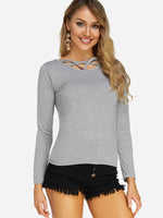 Wholesale Round Neck Plain Lace-Up Long Sleeve Top