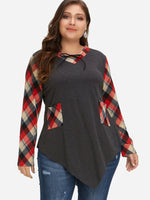 Wholesale V-Neck Grid Side Pockets Long Sleeve Asymmetrical Hem Grey Plus Size Tops