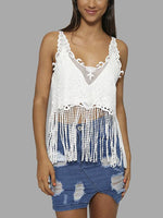 Wholesale V-Neck Tassel Sleeveless Tassel Hem White Camis