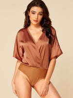 Wholesale V-Neck Plain Crossed Front Half Sleeve Brown Bodysuits