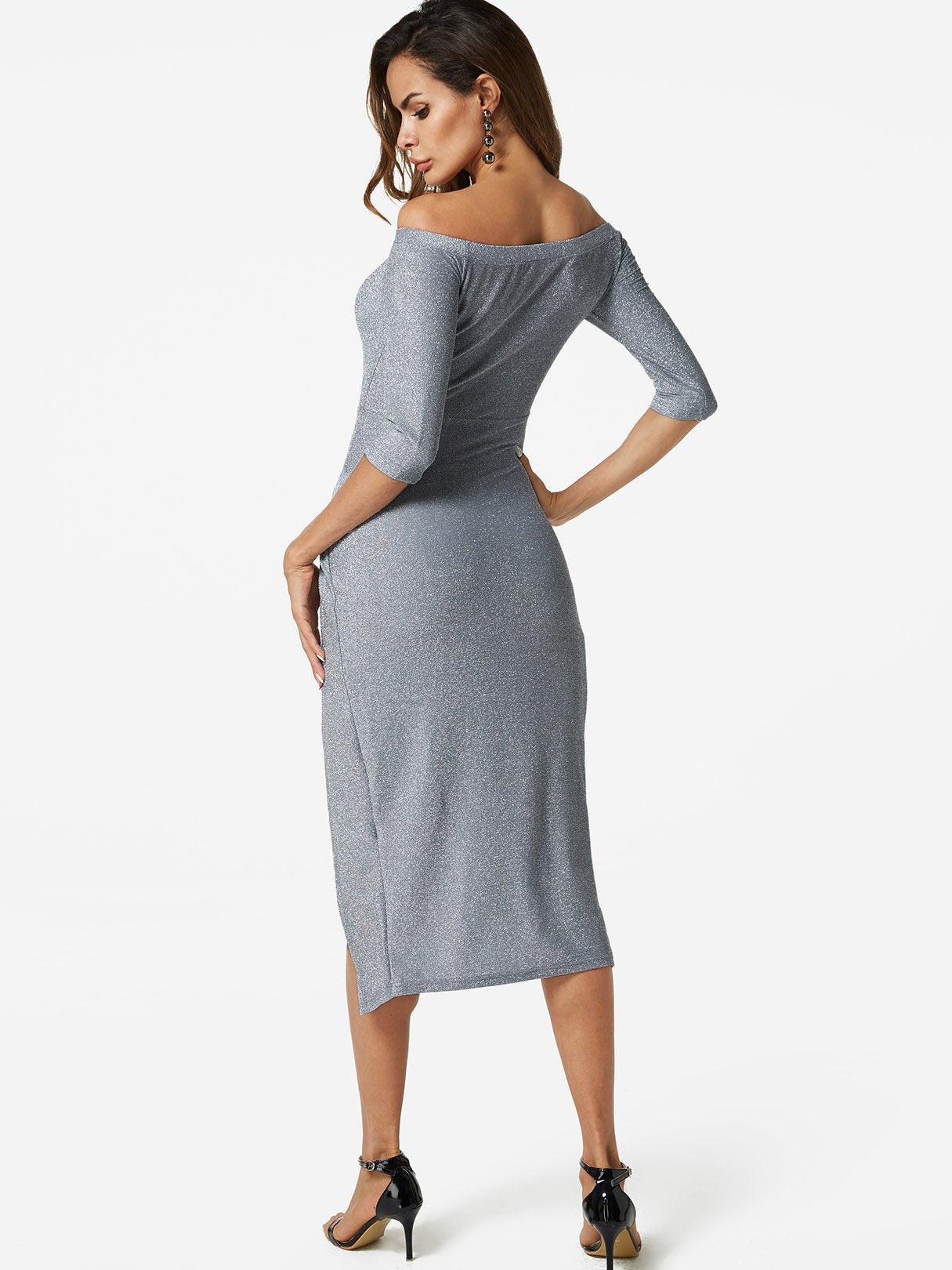 NEW FEELING Womens Grey Off The Shoulder Dresses