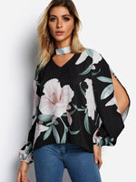 Wholesale Cold Shoulder Floral Print Cut Out Slit Long Sleeve Black Blouses
