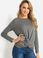 Wholesale Round Neck Plain Crossed Front Long Sleeve Grey Top