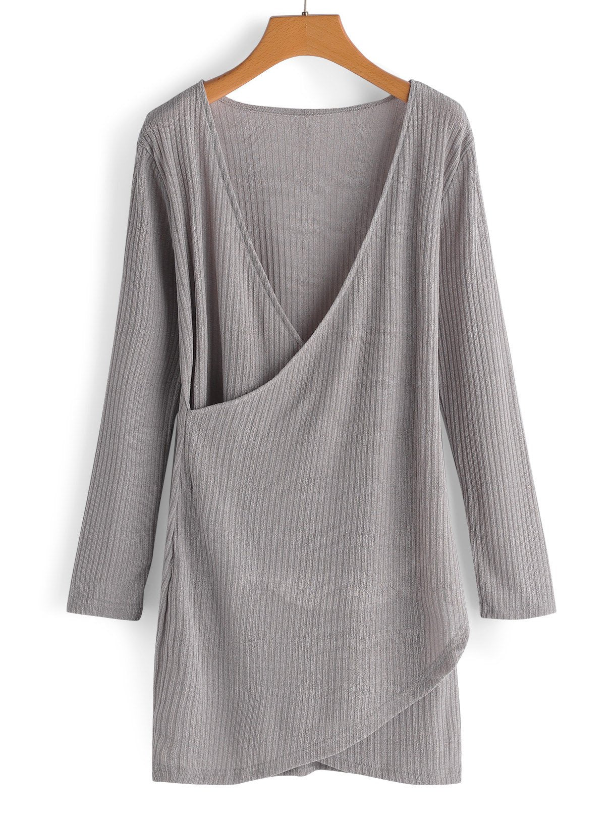 Wholesale Grey Crossed Collar Deep V Neck Long Sleeve Plain Crossed Front Dress
