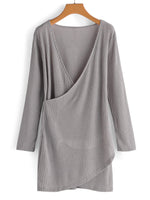Wholesale Grey Crossed Collar Deep V Neck Long Sleeve Plain Crossed Front Dress