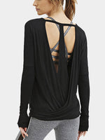 Wholesale Round Neck Backless Long Sleeve Black Top