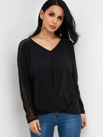 Wholesale V-Neck Crossed Front Long Sleeve Bodycon Hem Black Blouses
