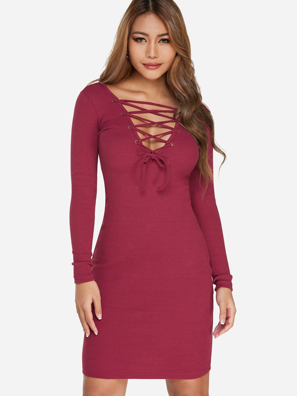 OEM Ladies Burgundy V-Neck Dresses