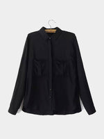 Wholesale Classic Collar Two Large Pockets Long Sleeve Curved Hem Black Blouses