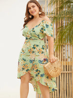 Wholesale Cold Shoulder Deep V Neck Floral Print Crossed Front Spaghetti Strap Self-Tie Wrap Short Sleeve Plus Size Dress
