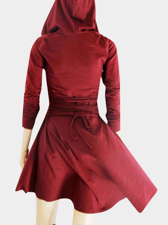 Wholesale V-Neck Pullover Long Sleeve Plain Hooded Lace-Up Irregular Hem Dresses