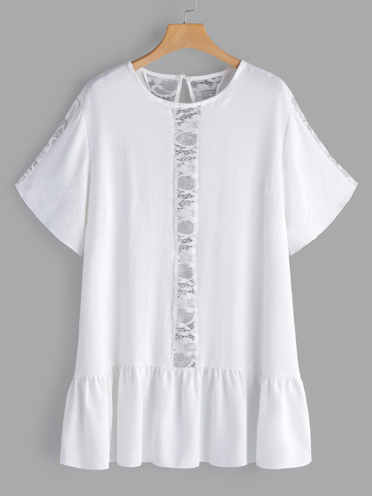 Wholesale Round Neck Plain Lace Hollow Pleated See Through Short Sleeve Flounced Hem White Plus Size Tops