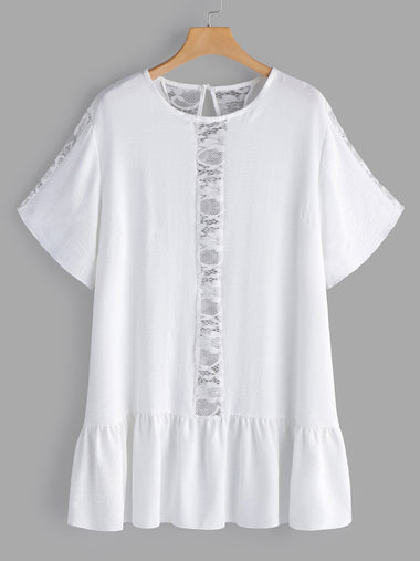 Wholesale Round Neck Plain Lace Hollow Pleated See Through Short Sleeve Flounced Hem White Plus Size Tops