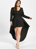 Wholesale V-Neck Plain Long Sleeve Irregular Hem Black Plus Size Dress