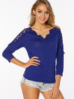 Wholesale V-Neck Plain Lace Cut Out Long Sleeve T-Shirts