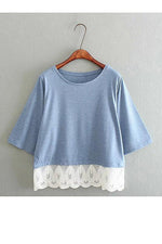 Wholesale Round Neck Lace Half Sleeve Blue T-Shirts