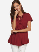 Wholesale V-Neck Plain Lace-Up Pleated Short Sleeve T-Shirts