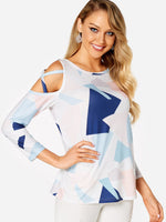 Wholesale Round Neck Cold Shoulder Geometrical Long Sleeve Top