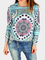 Wholesale Round Neck Geometrical Long Sleeve Blue Top