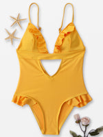 Wholesale Yellow Sleeveless Plain Backless Cut Out One-Pieces Swimsuits