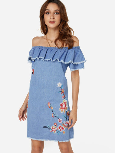 Wholesale Blue Off The Shoulder Short Sleeve Embroidered Tassel Dresses