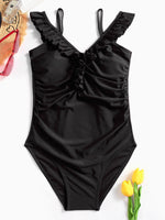 Wholesale V-Neck Off The Shoulder Plain Wireless Short Sleeve Ruffle Hem Black One-Pieces