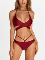 Wholesale Burgundy V-Neck Sleeveless Plain Tie-Up Bikinis