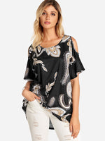 Wholesale Round Neck Cold Shoulder Printed Cut Out Short Sleeve Black T-Shirts