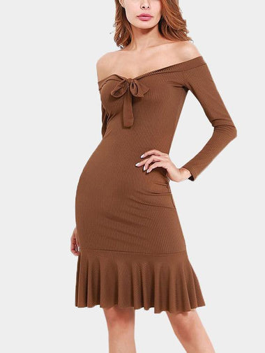 Wholesale Brown Off The Shoulder Long Sleeve Plain Backless Flounced Hem Dresses