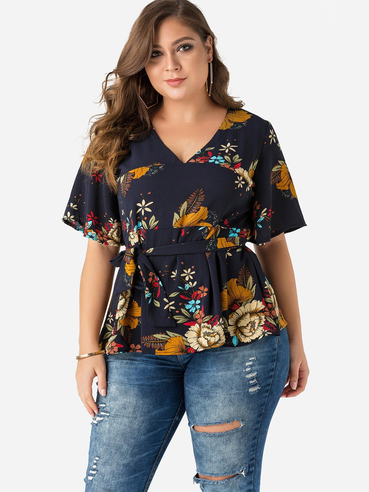 Wholesale V-Neck Floral Print Self-Tie Half Sleeve Flounced Hem Black Plus Size Tops