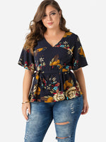 Wholesale V-Neck Floral Print Self-Tie Half Sleeve Flounced Hem Black Plus Size Tops